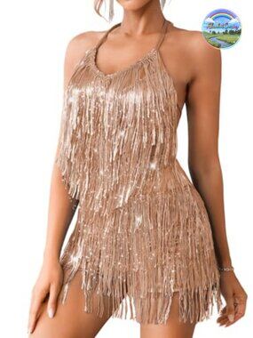 Sequin Fringe Romper, Sparkly Metallic Jumpsuit, Backless Shorts Dress, Disco